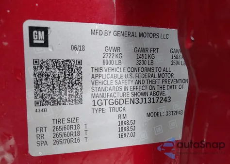 2018 GMC Canyon Slt из США, поврежденный, VIN 1GTG6DEN3J1317243